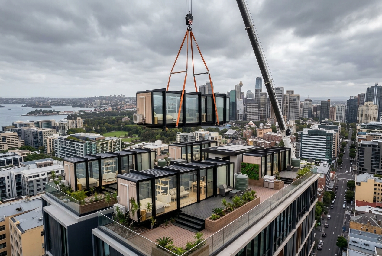 Crane lifting a prefabricated pod module onto a residential rooftop