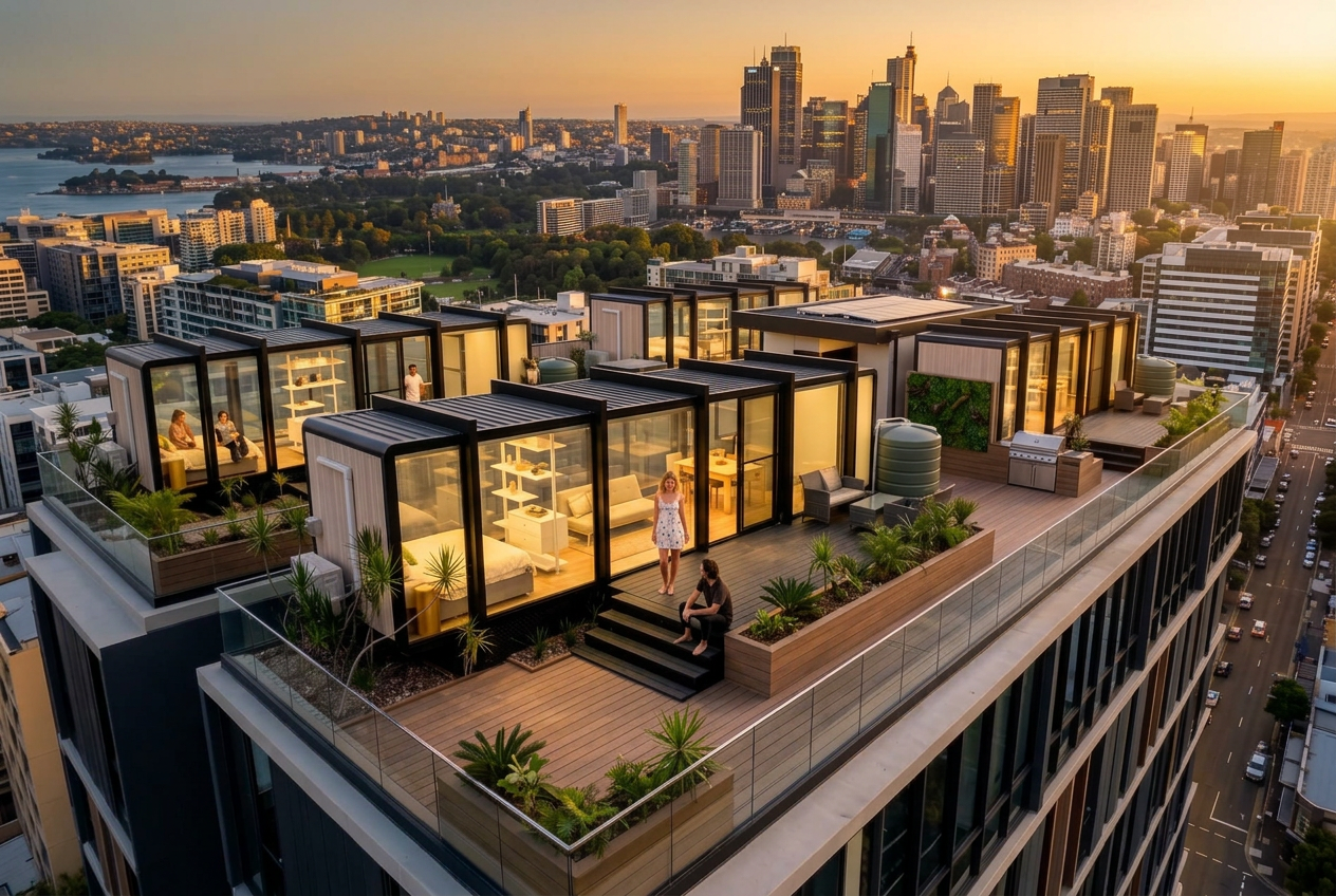 Modular rooftop living pod overlooking a city skyline at dusk